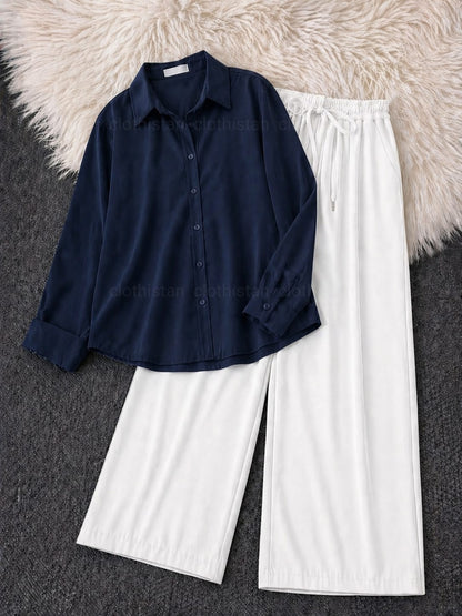 Button-Down Shirt & White Wide-Leg Trouser Pack of Two