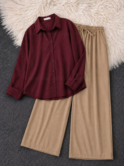 Button-Down Shirt & Beige Wide-Leg Trouser Pack of Two