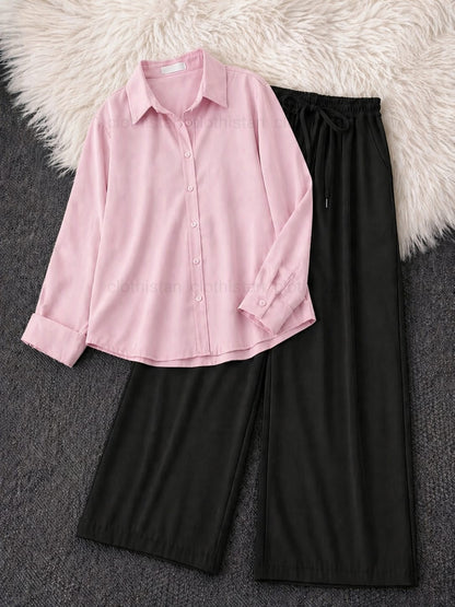 Button-Down Shirt & Black Wide-Leg Trouser Pack of Two