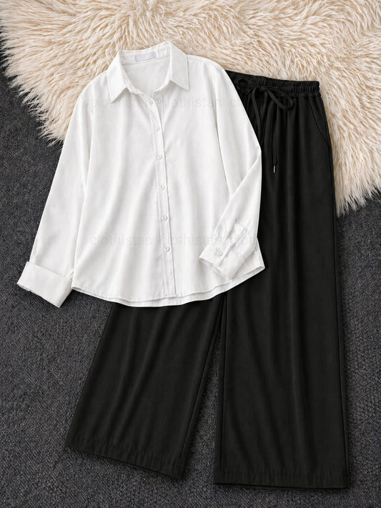 Button-Down Shirt & Black Wide-Leg Trouser Pack of Two