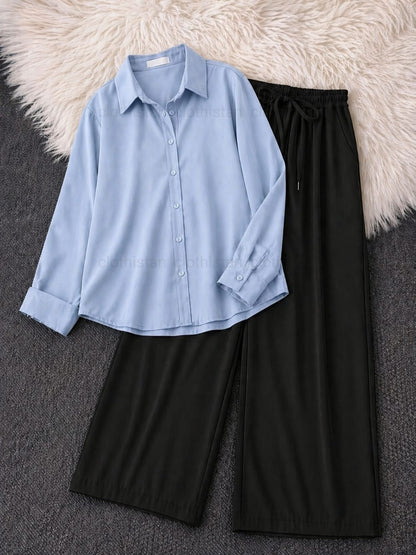Button-Down Shirt & Black Wide-Leg Trouser Pack of Two