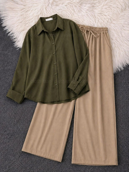 Button-Down Shirt & Beige Wide-Leg Trouser Pack of Two