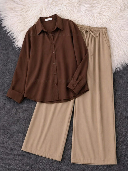 Button-Down Shirt & Beige Wide-Leg Trouser Pack of Two