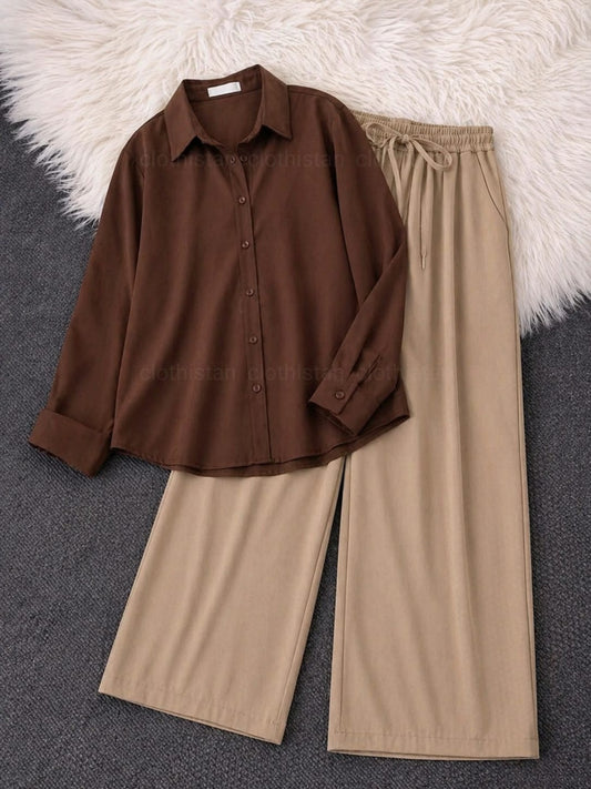 Button-Down Shirt & Beige Wide-Leg Trouser Pack of Two