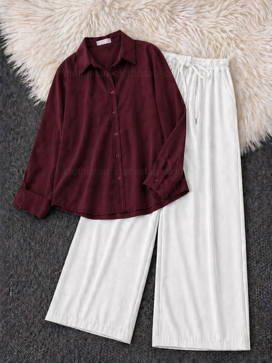 Button-Down Shirt & White Wide-Leg Trouser Pack of Two
