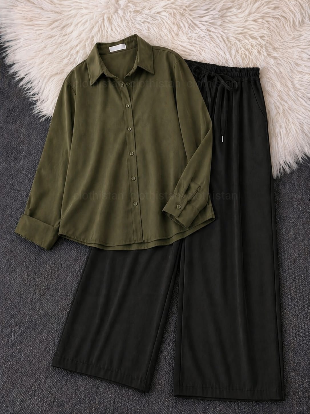 Button-Down Shirt & Black Wide-Leg Trouser Pack of Two