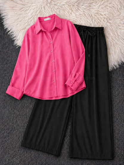 Button-Down Shirt & Black Wide-Leg Trouser Pack of Two