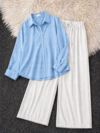 Button-Down Shirt & White Wide-Leg Trouser Pack of Two
