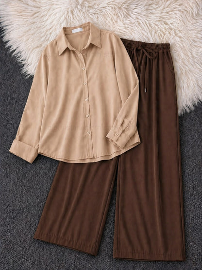 Button-Down Shirt & Brown Wide-Leg Trouser Pack of Two
