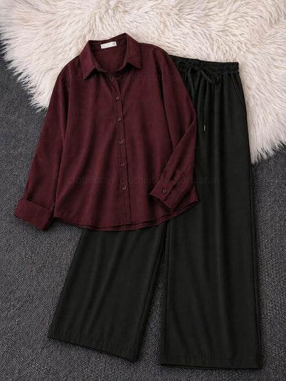 Button-Down Shirt & Black Wide-Leg Trouser Pack of Two