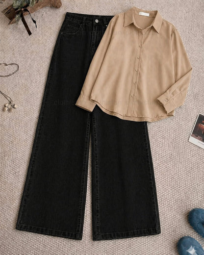 Button-Down Shirt & Black Wide-Leg Jeans Pack of Two