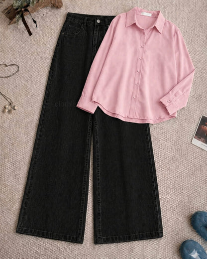 Button-Down Shirt & Black Wide-Leg Jeans Pack of Two
