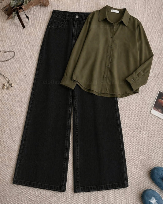 Button-Down Shirt & Black Wide-Leg Jeans Pack of Two