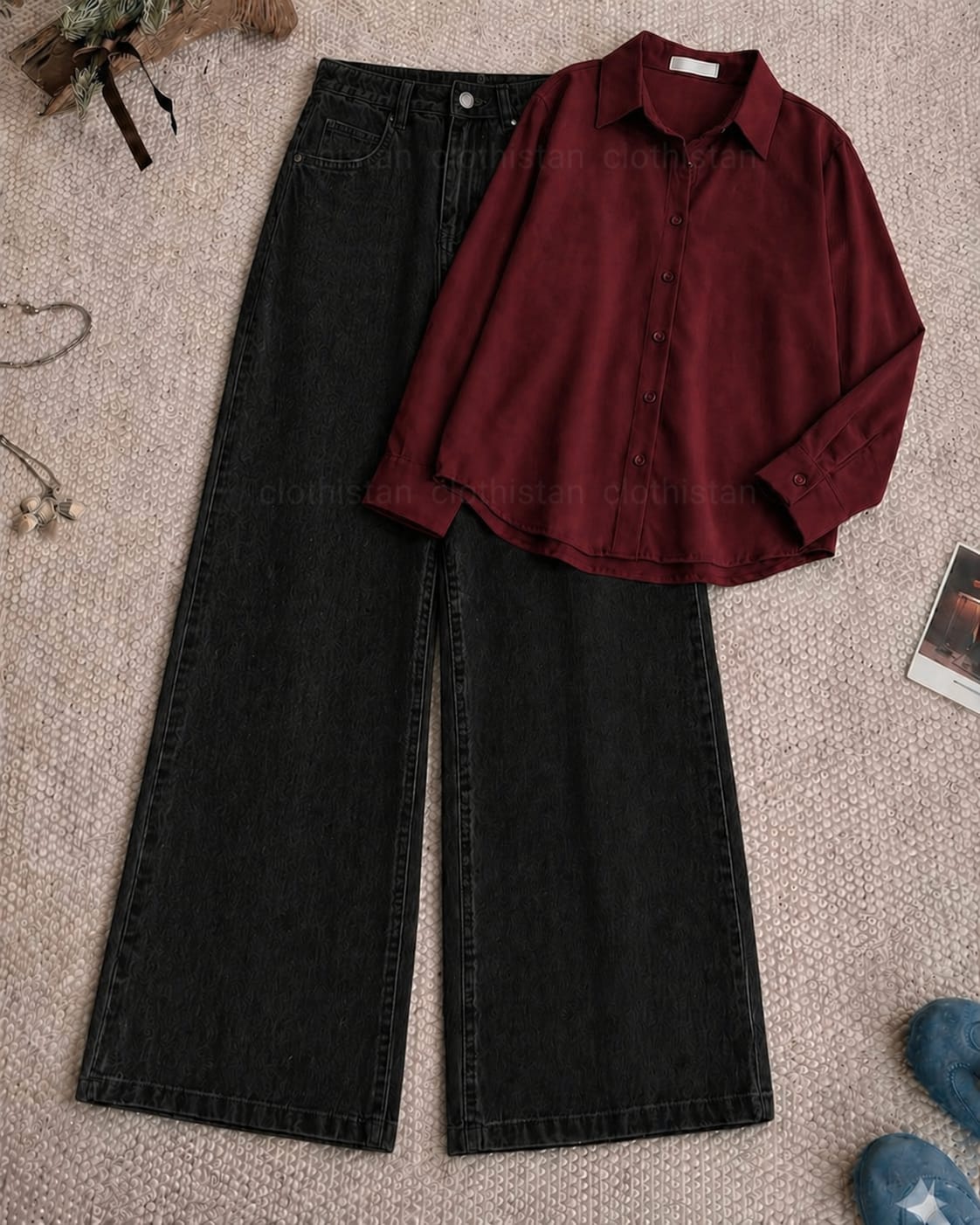 Button-Down Shirt & Black Wide-Leg Jeans Pack of Two