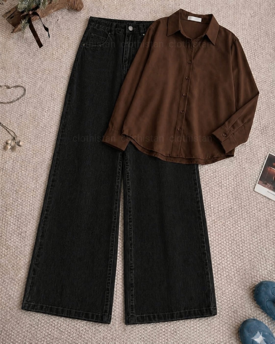Button-Down Shirt & Black Wide-Leg Jeans Pack of Two