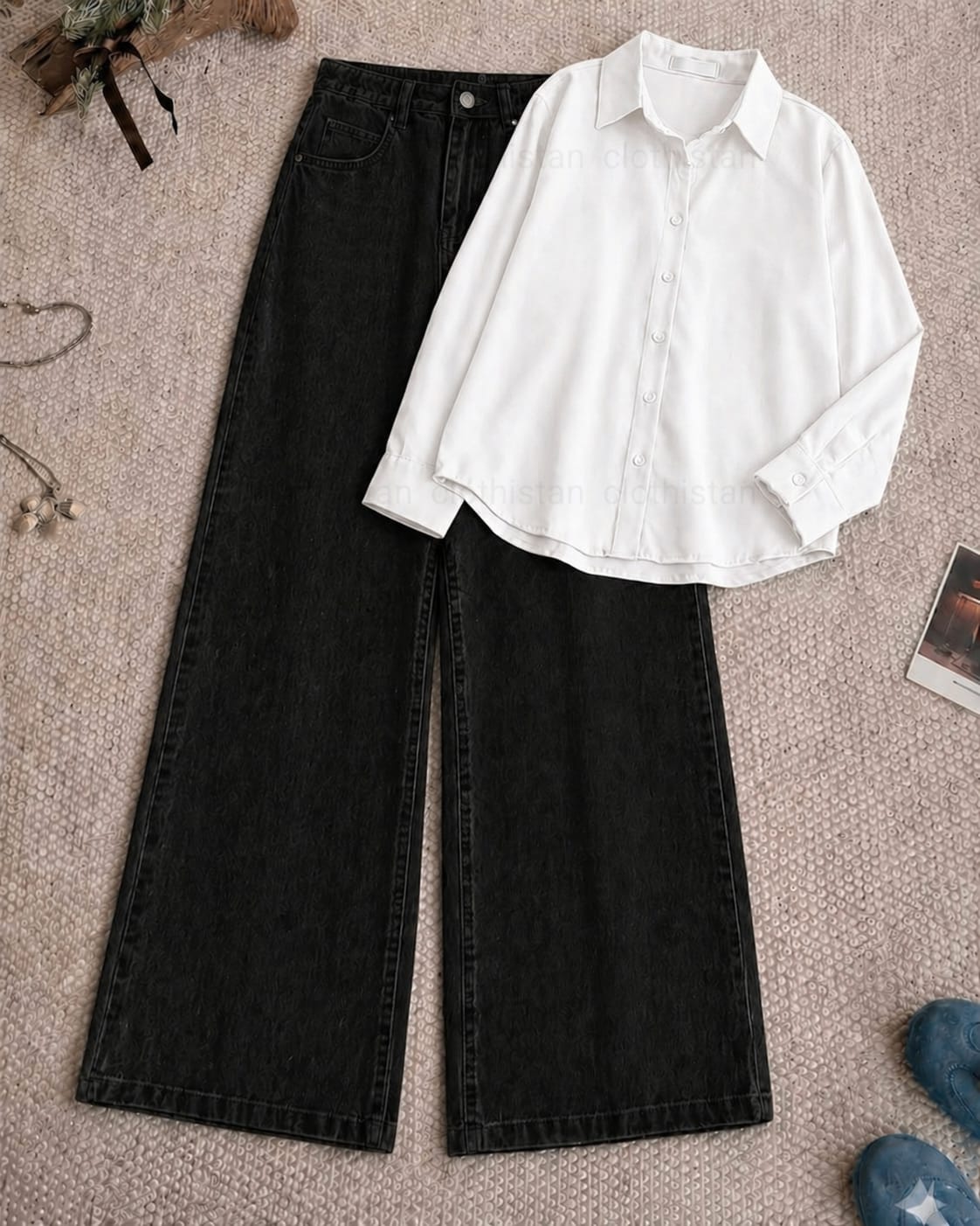 Button-Down Shirt & Black Wide-Leg Jeans Pack of Two