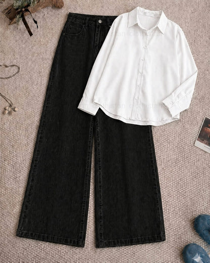 Button-Down Shirt & Black Wide-Leg Jeans Pack of Two