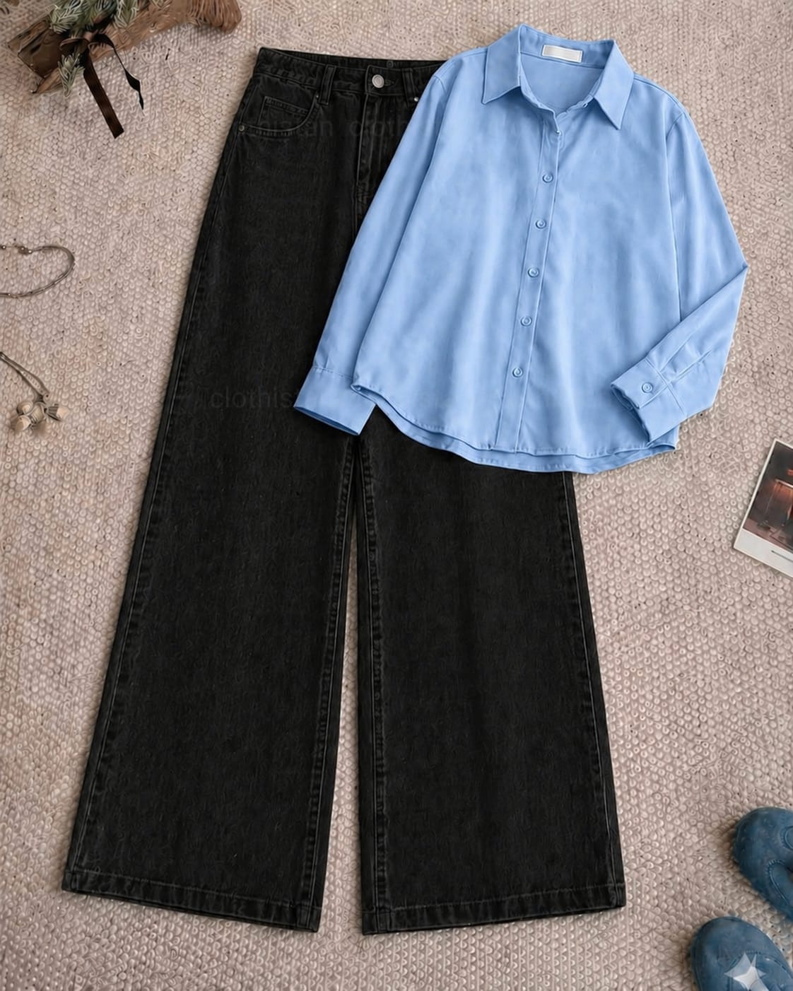 Button-Down Shirt & Black Wide-Leg Jeans Pack of Two