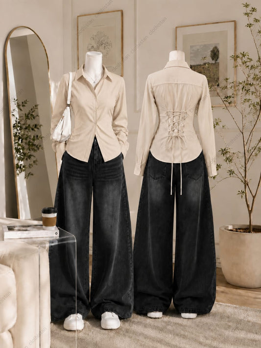 Corset Fitted Button-Down Shirt & Vintage Black Wide-Leg Jeans Pack of Two