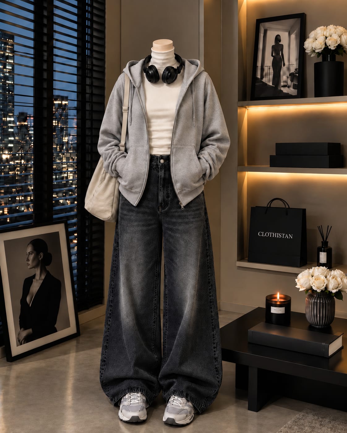 Zipper Hoodie, White Rib Net Highneck & Black Vintage Wide-Leg Jeans as Pack of Threes