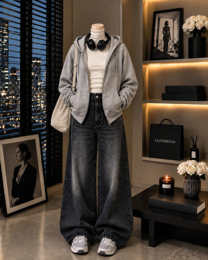 Zipper Hoodie, White Rib Net Highneck & Black Vintage Wide-Leg Jeans as Pack of Threes