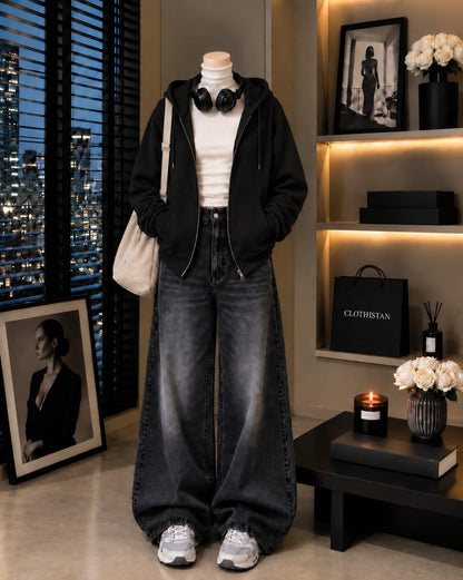 Zipper Hoodie, White Rib Net Highneck & Black Vintage Wide-Leg Jeans as Pack of Threes