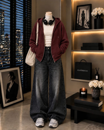 Zipper Hoodie, White Rib Net Highneck & Black Vintage Wide-Leg Jeans as Pack of Threes