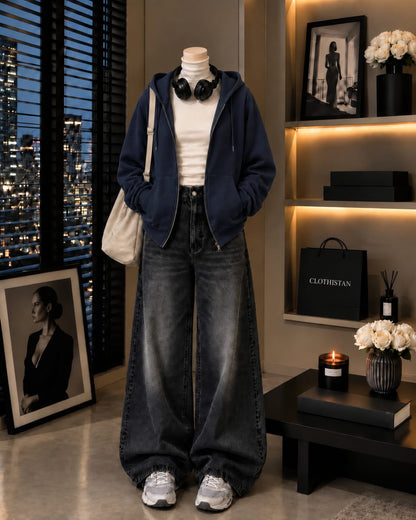 Zipper Hoodie, White Rib Net Highneck & Black Vintage Wide-Leg Jeans as Pack of Threes