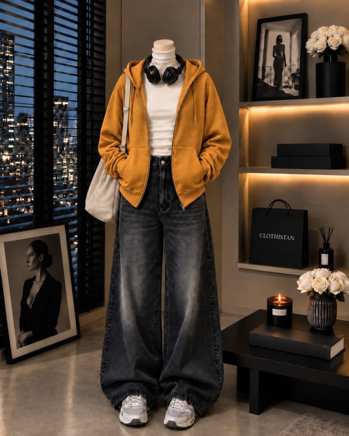 Zipper Hoodie, White Rib Net Highneck & Black Vintage Wide-Leg Jeans as Pack of Threes