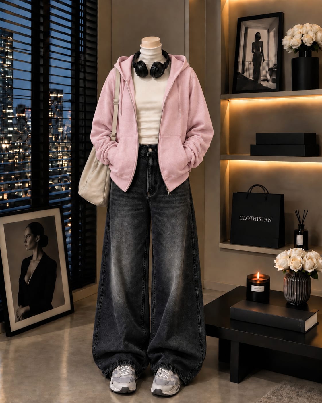 Zipper Hoodie, White Rib Net Highneck & Black Vintage Wide-Leg Jeans as Pack of Threes