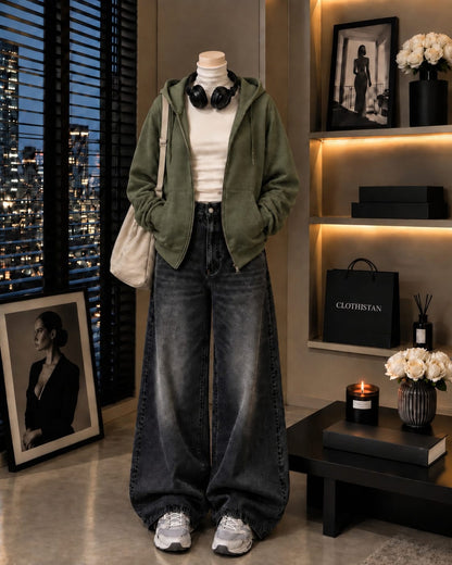 Zipper Hoodie, White Rib Net Highneck & Black Vintage Wide-Leg Jeans as Pack of Threes