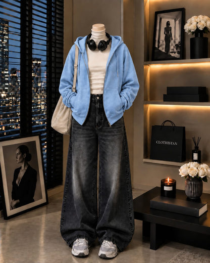 Zipper Hoodie, White Rib Net Highneck & Black Vintage Wide-Leg Jeans as Pack of Threes