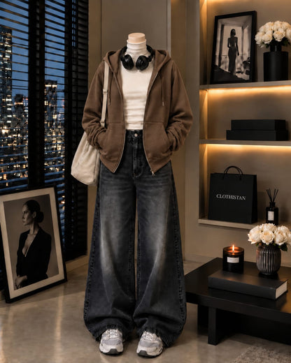 Zipper Hoodie, White Rib Net Highneck & Black Vintage Wide-Leg Jeans as Pack of Threes