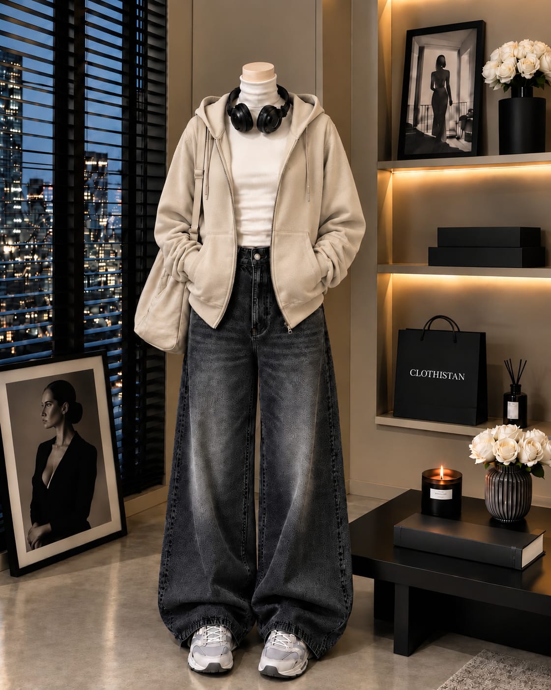 Zipper Hoodie, White Rib Net Highneck & Black Vintage Wide-Leg Jeans as Pack of Threes