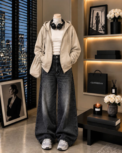 Zipper Hoodie, White Rib Net Highneck & Black Vintage Wide-Leg Jeans as Pack of Threes