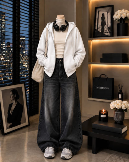 Zipper Hoodie, White Rib Net Highneck & Black Vintage Wide-Leg Jeans as Pack of Threes