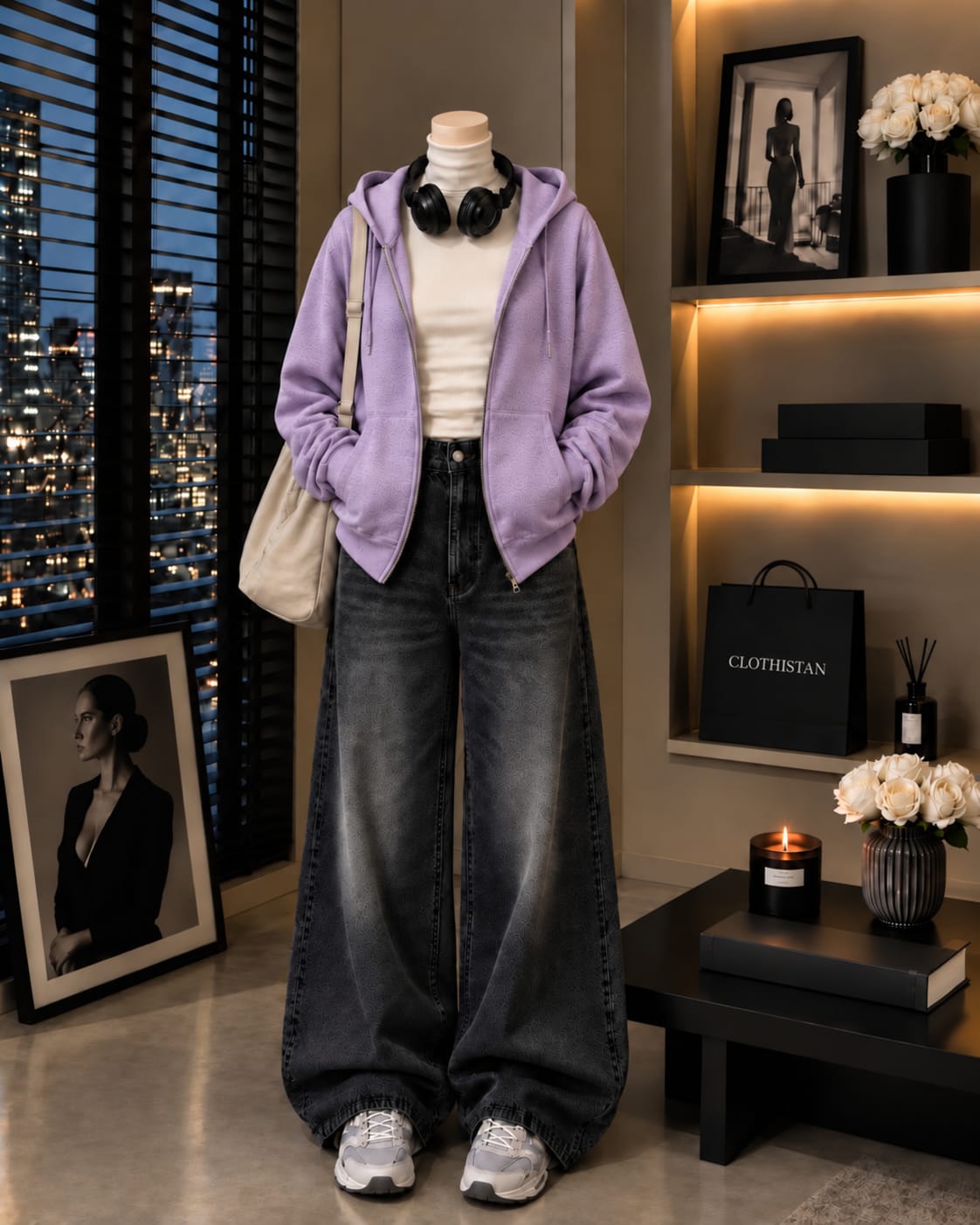 Zipper Hoodie, White Rib Net Highneck & Black Vintage Wide-Leg Jeans as Pack of Threes