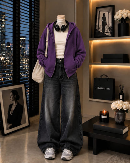 Zipper Hoodie, White Rib Net Highneck & Black Vintage Wide-Leg Jeans as Pack of Threes