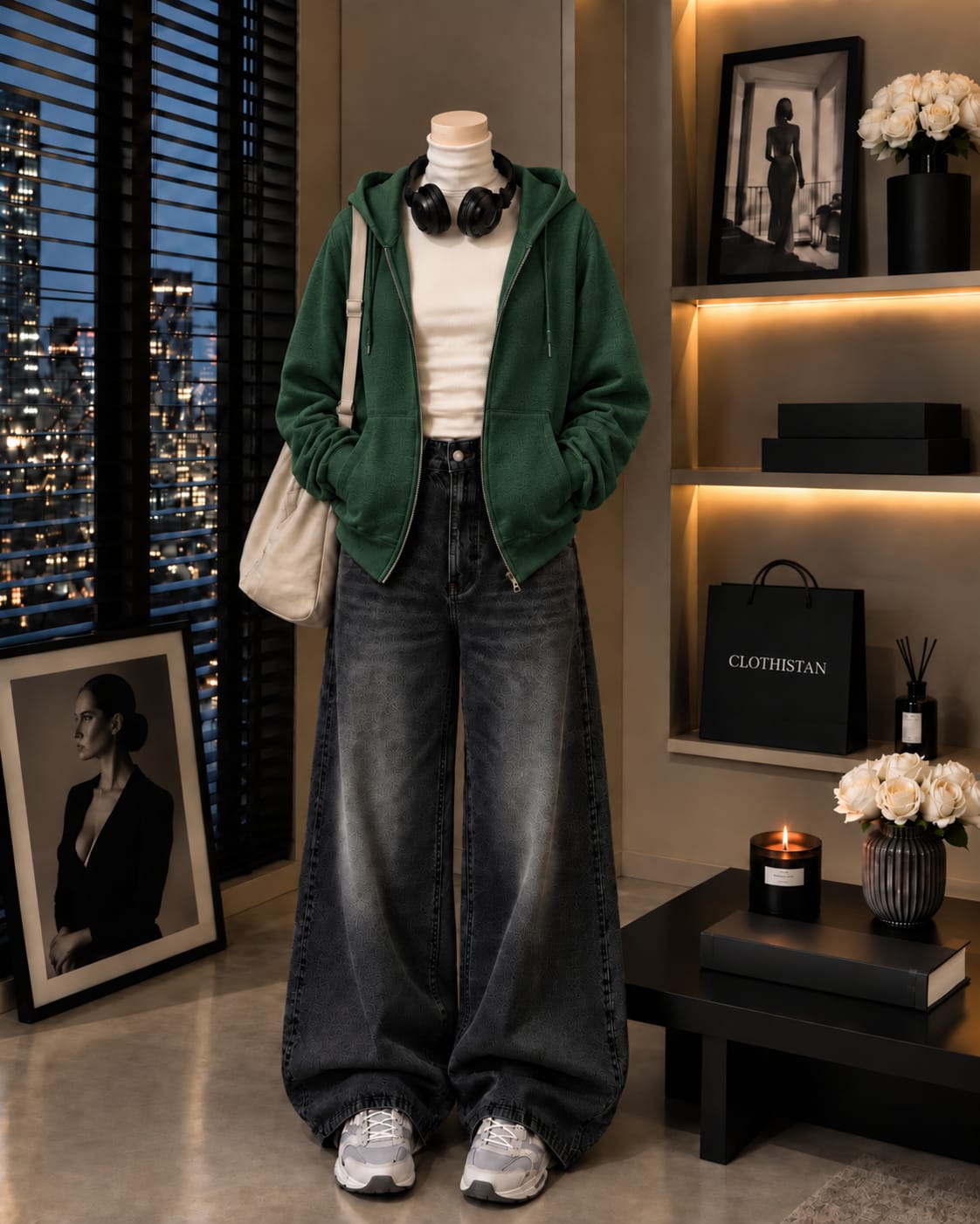 Zipper Hoodie, White Rib Net Highneck & Black Vintage Wide-Leg Jeans as Pack of Threes