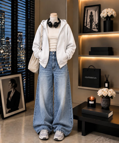 Zipper Hoodie, White Rib Net Highneck & Sky blue Vintage Wide-Leg Jeans as Pack of Threes