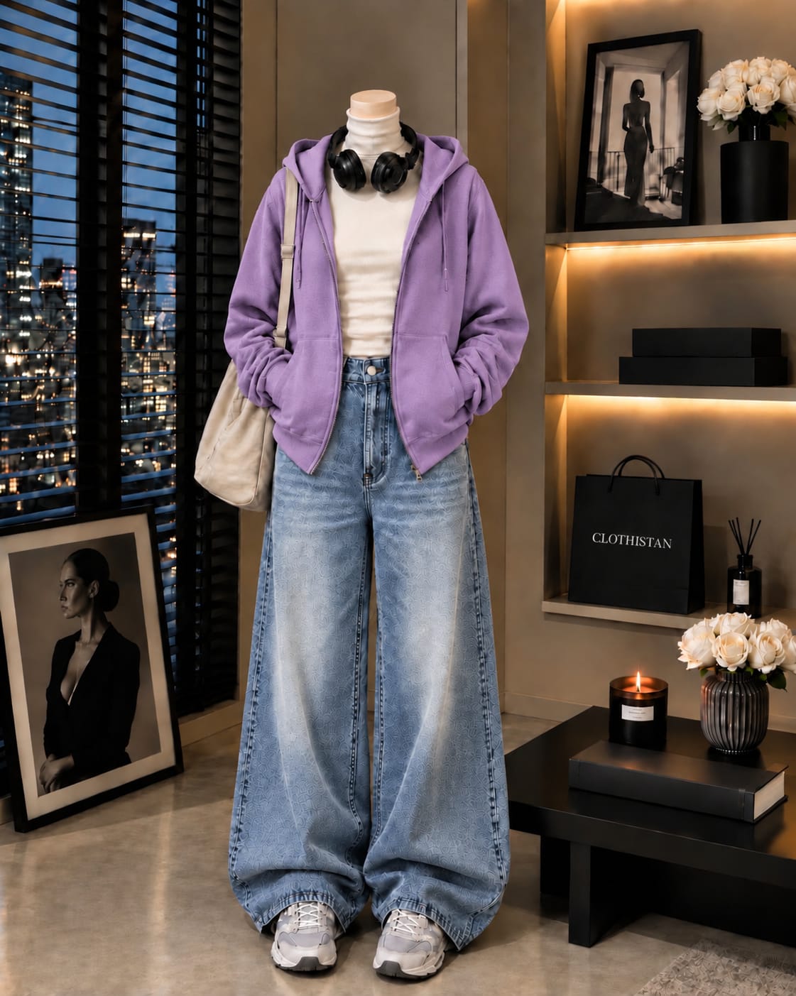 Zipper Hoodie, White Rib Net Highneck & Sky blue Vintage Wide-Leg Jeans as Pack of Threes