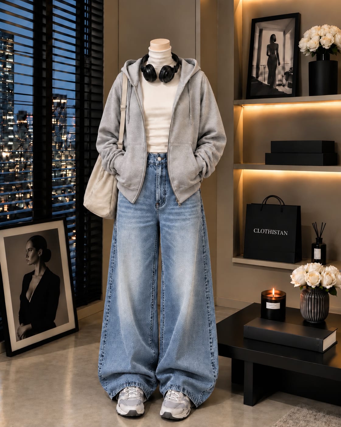 Zipper Hoodie, White Rib Net Highneck & Sky blue Vintage Wide-Leg Jeans as Pack of Threes