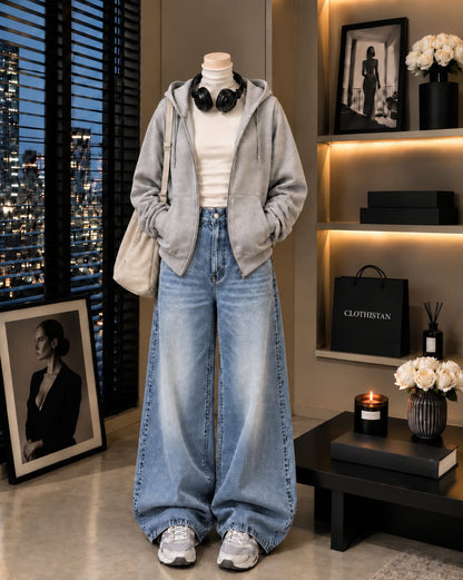 Zipper Hoodie, White Rib Net Highneck & Sky blue Vintage Wide-Leg Jeans as Pack of Threes