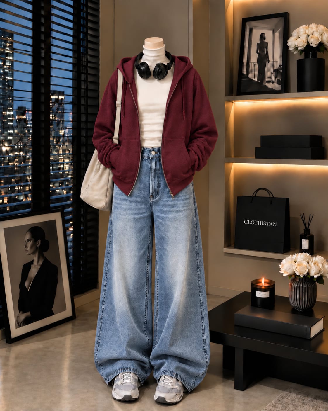 Zipper Hoodie, White Rib Net Highneck & Sky blue Vintage Wide-Leg Jeans as Pack of Threes