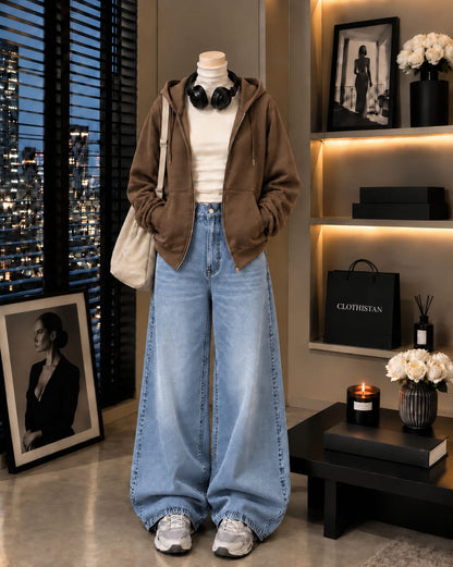 Zipper Hoodie, White Rib Net Highneck & Sky blue Vintage Wide-Leg Jeans as Pack of Threes