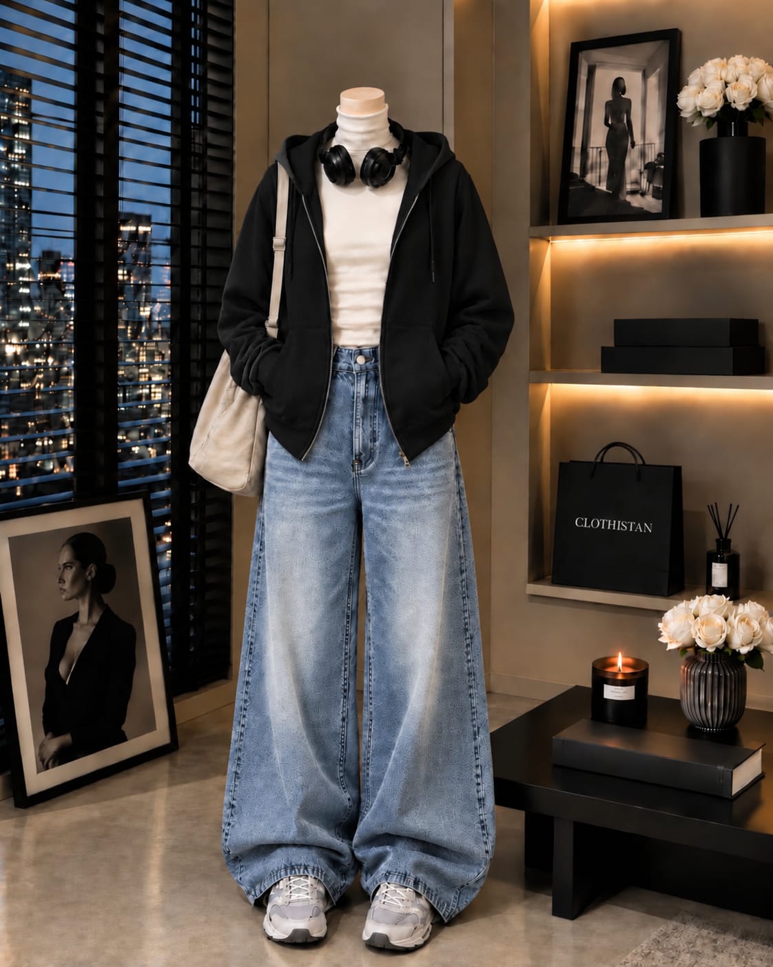 Zipper Hoodie, White Rib Net Highneck & Sky Blue Vintage Wide-Leg Jeans as Pack of Threes