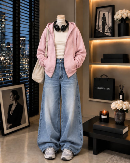 Zipper Hoodie, White Rib Net Highneck & Sky Blue Vintage Wide-Leg Jeans as Pack of Threes