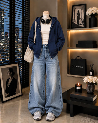 Zipper Hoodie, White Rib Net Highneck & Sky Blue Vintage Wide-Leg Jeans as Pack of Threes