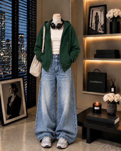 Zipper Hoodie, White Rib Net Highneck & Sky Blue Vintage Wide-Leg Jeans as Pack of Threes