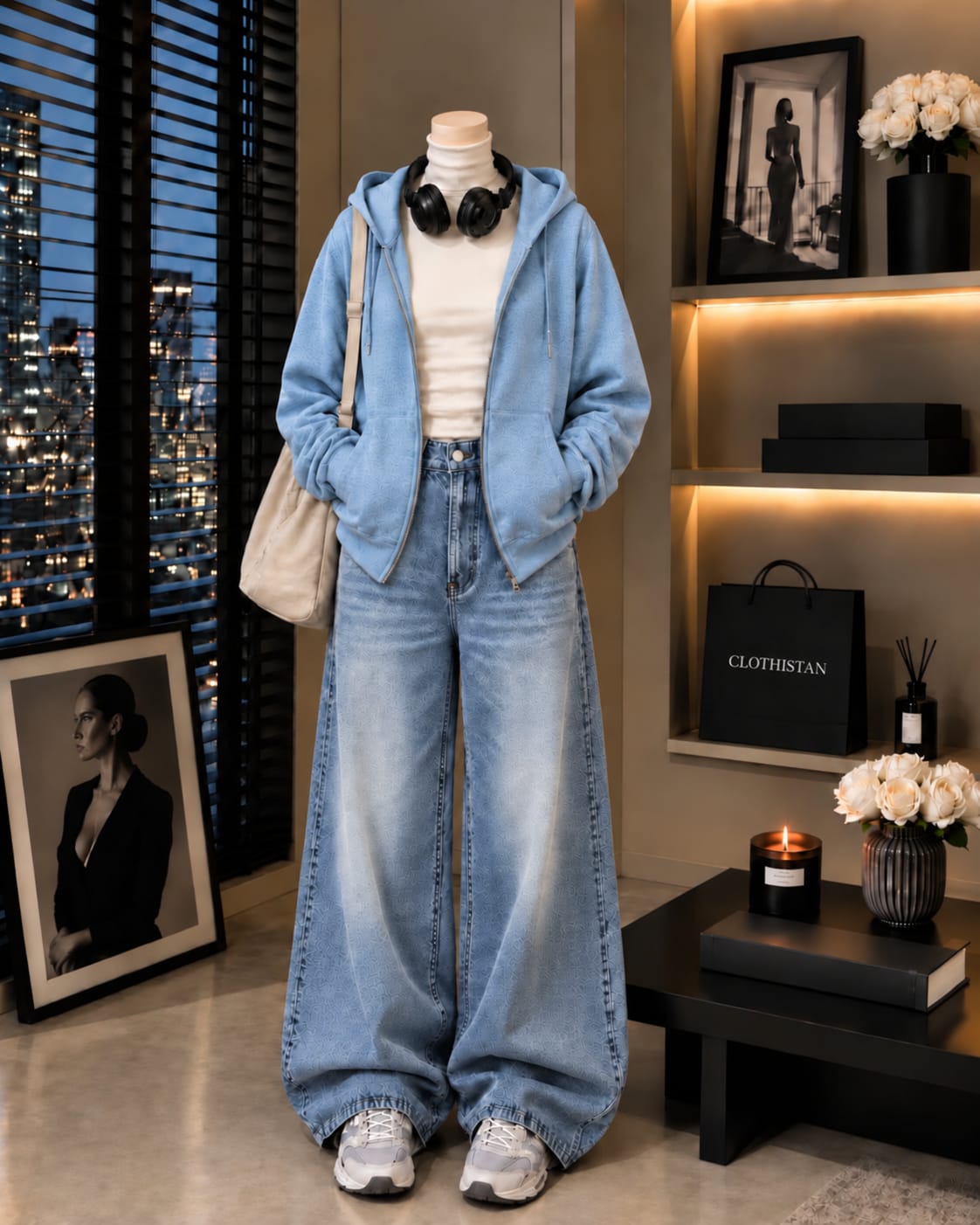 Zipper Hoodie, White Rib Net Highneck & Sky Blue Vintage Wide-Leg Jeans as Pack of Threes